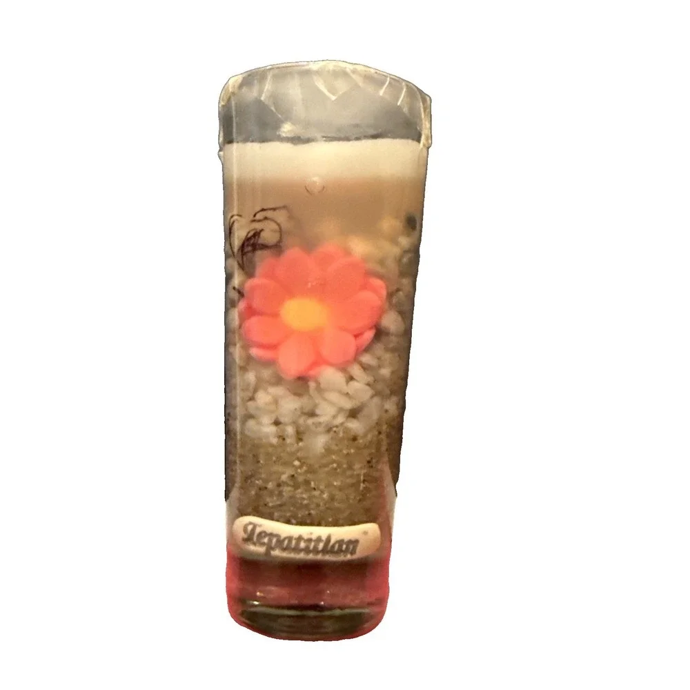 Tepatitlan Mexico Souvenir Candle Glass Jar Pink Flower Sand Pebbles Decor